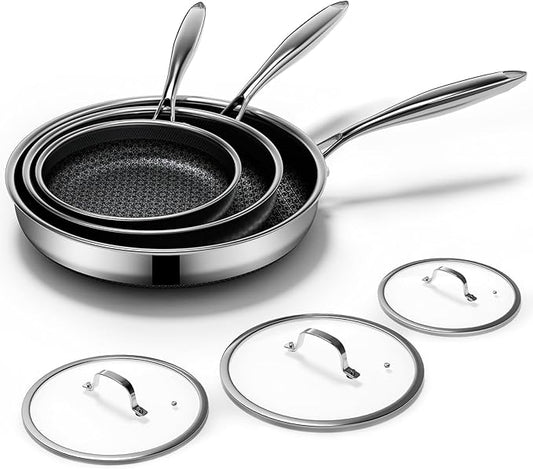 Non Stick Frying Pans Set with 3 Lid, Non-Toxic Hybrid Pans Set Nonstick (8+10+12inch),Pan for cooking, nonStick Cookware, Dishwasher and Oven-Safe Cookware Sets, Stainless Steel Skillets