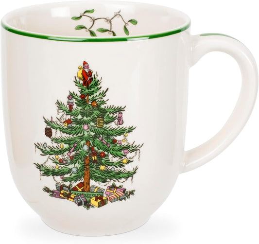 Spode Christmas Tree Cafe Mug (Set of 4) - 14 Oz Ceramic Holiday Coffee Mugs for Tea, Hot Chocolate, Lattes - Festive Design with Santa and Christmas Tree Motif - Microwave & Dishwasher Safe