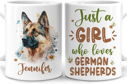 Hyturtle Personalized Gifts German Shepherd Lover - Just A Girl Who Loves German Shepherds Custom Name Ceramic Coffee Mug Cup 11oz - Idea Cute Dog Lover Gifts For Women, Girl On Birthday, Christmas