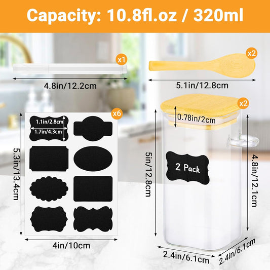 Glass Jars with Bamboo Lids and Spoons - 2 Pack 11 Fl.oz Square Glass Spice Jars with Airtight Lid, Clear Pantry Storage Container Food Canister for Seasoing, Loose Leaf Tea, Coffee, Sugar, Oats