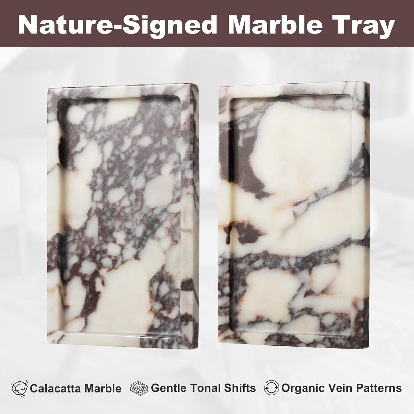 Natural Calacatta Viola Marble Tray 10"x6" Rectangular - Non-Resin Bathroom Vanity Organizer & Office Desk Tray | Waterproof Stone Serving Platter for Jewelry/Perfume (Purple Portoro)
