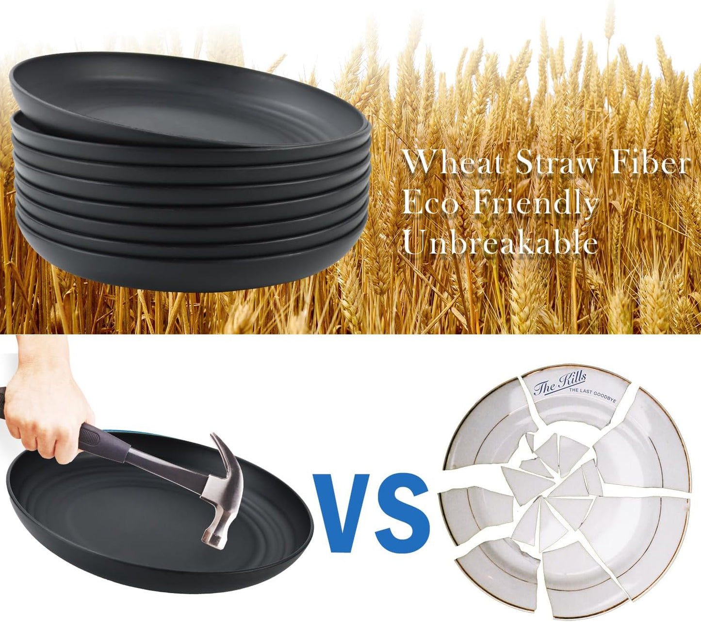 Wheat Straw Dinner Plates Set of 8, 10 Inch Black, Lightweight & Unbreakable, Microwave & Dishwasher Safe Kids Plates