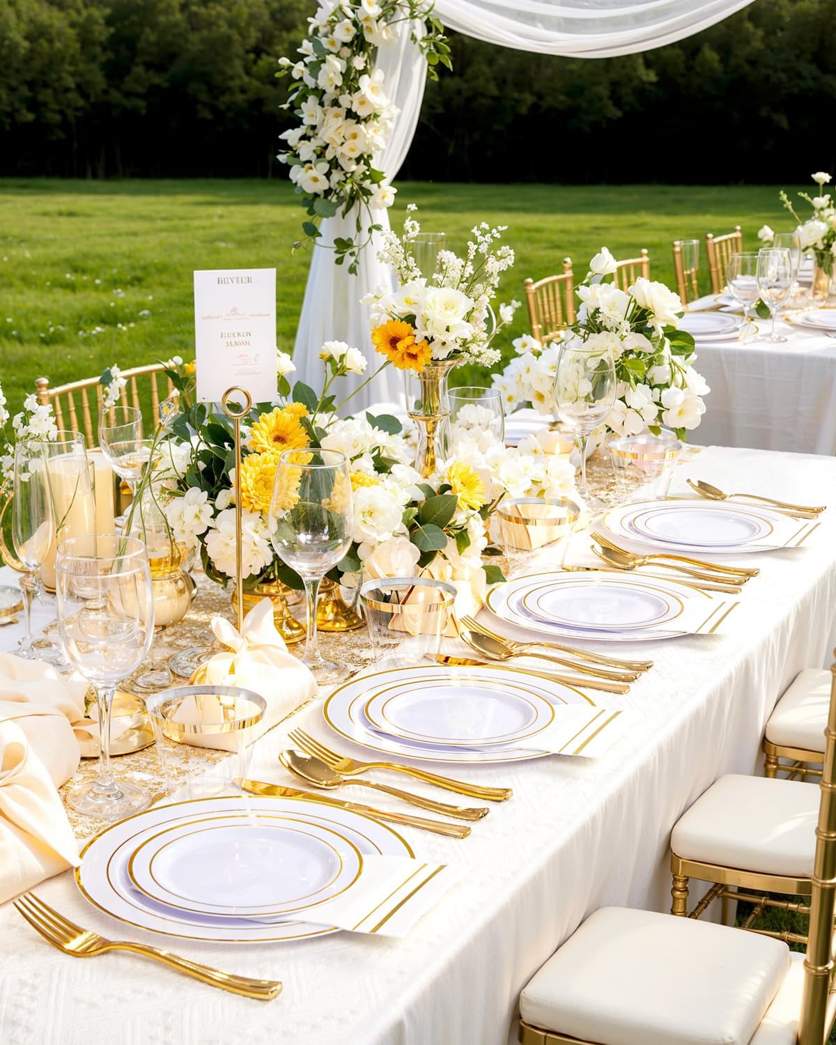 GATHER 350PCS White and Gold Plastic Plates - Disposable Plastic Dinnerware Set Include 50 Dinner Plates, 50 Dessert Plate, 150 Silverware, 50 Napkins, 50 Cups for Party & Wedding & Thanksgiving