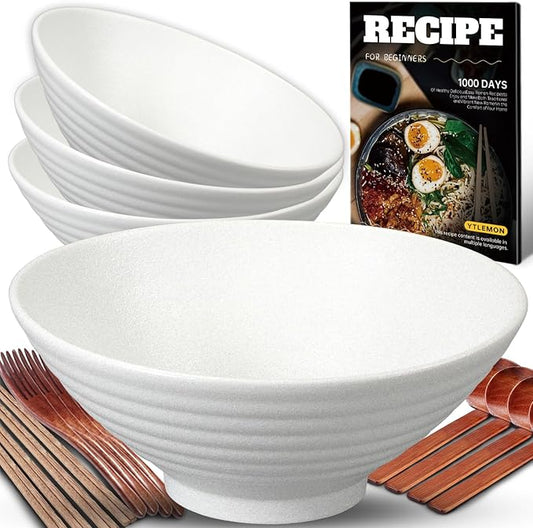 8-Inch Ceramic Ramen Bowl Set of 4 (17 Piece) - Porcelain Japanese Salad Noodles Cereal Fruit Pasta Soup Large Bowls with Recipes Chopsticks Forks Spoons for Men Women Gift Microwave Dishwasher Safe