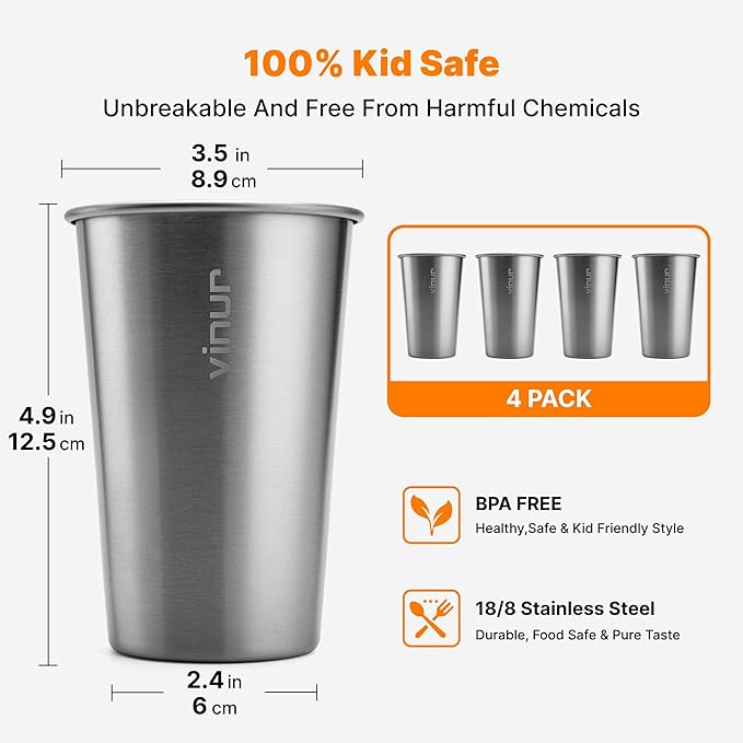 VINUR Stainless Steel Cups 4 Pack -16 oz Pint Tumbler Stackable Metal Drinking Glasses for Travel, Camping, Outdoors (Silver)