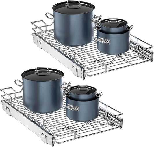 OCG Pull Out Cabinet Organizer 2 Pack (15" W x 21" D), Pull out Shelves 1 Tier, Cabinet Slide Out Shelves for Base Cabinet Organization in Kitchen Bathroom Pantry, Bottom Mount, Chrome Finish