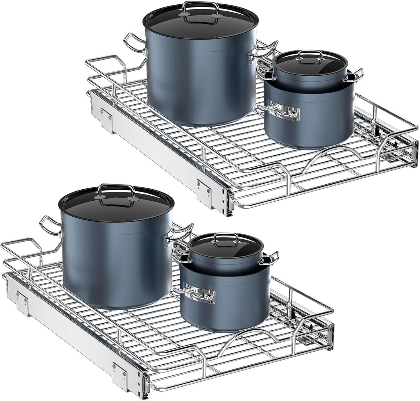 OCG Pull Out Cabinet Organizer 2 Pack (12" W x 21" D), Pull out Shelves 1 Tier, Cabinet Slide Out Shelves for Base Cabinet Organization in Kitchen Bathroom Pantry, Bottom Mount, Chrome Finish