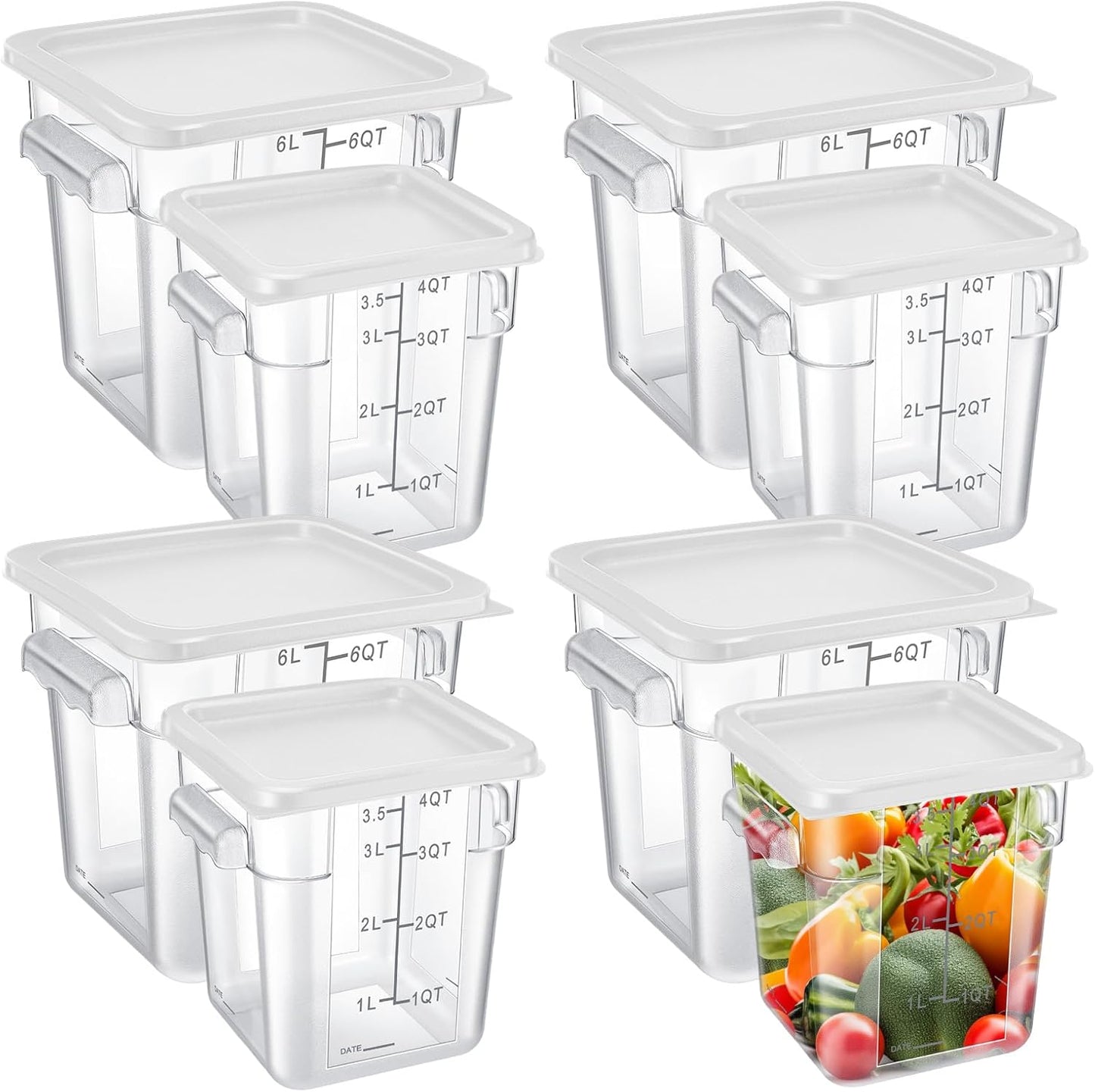 Suclain 8 Pack 4 QT and 6 QT Food Storage Containers with Lids Scales Handles Square Clear Restaurant Food Storage Containers Polycarbonate Commercial Grade for Kitchen Marinating Meat Dough(White)