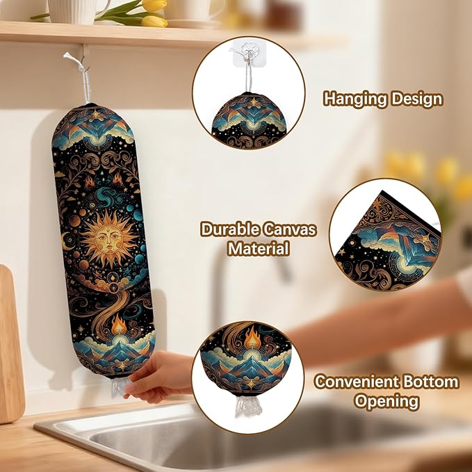 Plastic Bag Holder Dispenser, Plastic Grocery Bag Organizer & Wall Mount Paper Trash Bags Saver Storage for Kitchen Home Pantry Decor, Sun Kitchen Decor