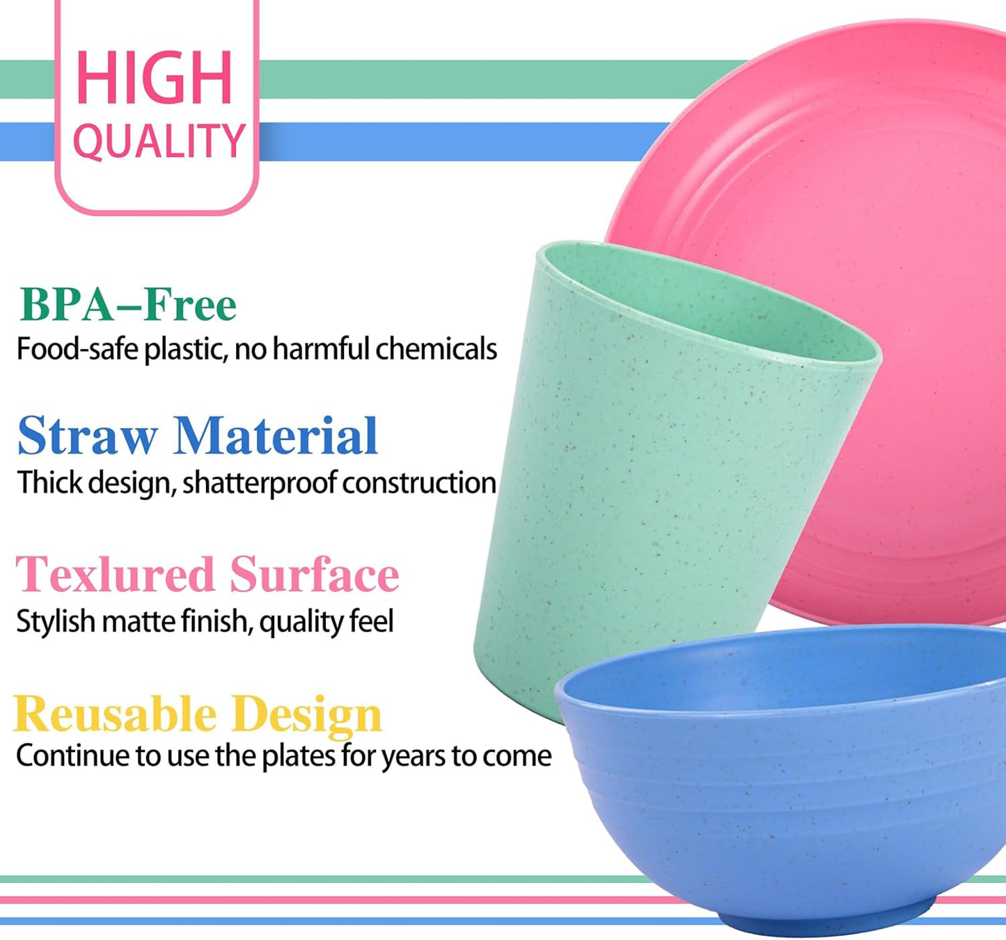 LIYH 48 Pcs Wheat Straw Dinnerware Plates and Bowls Set Dishwasher Safe Unbreakable Light Weight Plates Service for 12 Reusable Dinnerware Set Multicolor Set Dish Set