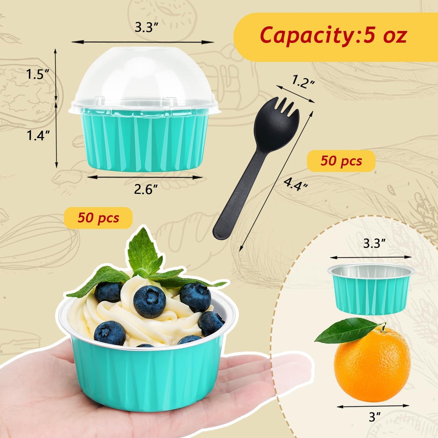 Disposable Ramekins with Lids 50 Pack,Free-Air 5oz Aluminum Foil Cupcake Cups Baking Tin,Mini Muffin Tins Cupcake Containers Holders for Home And Business -Cyan Blue