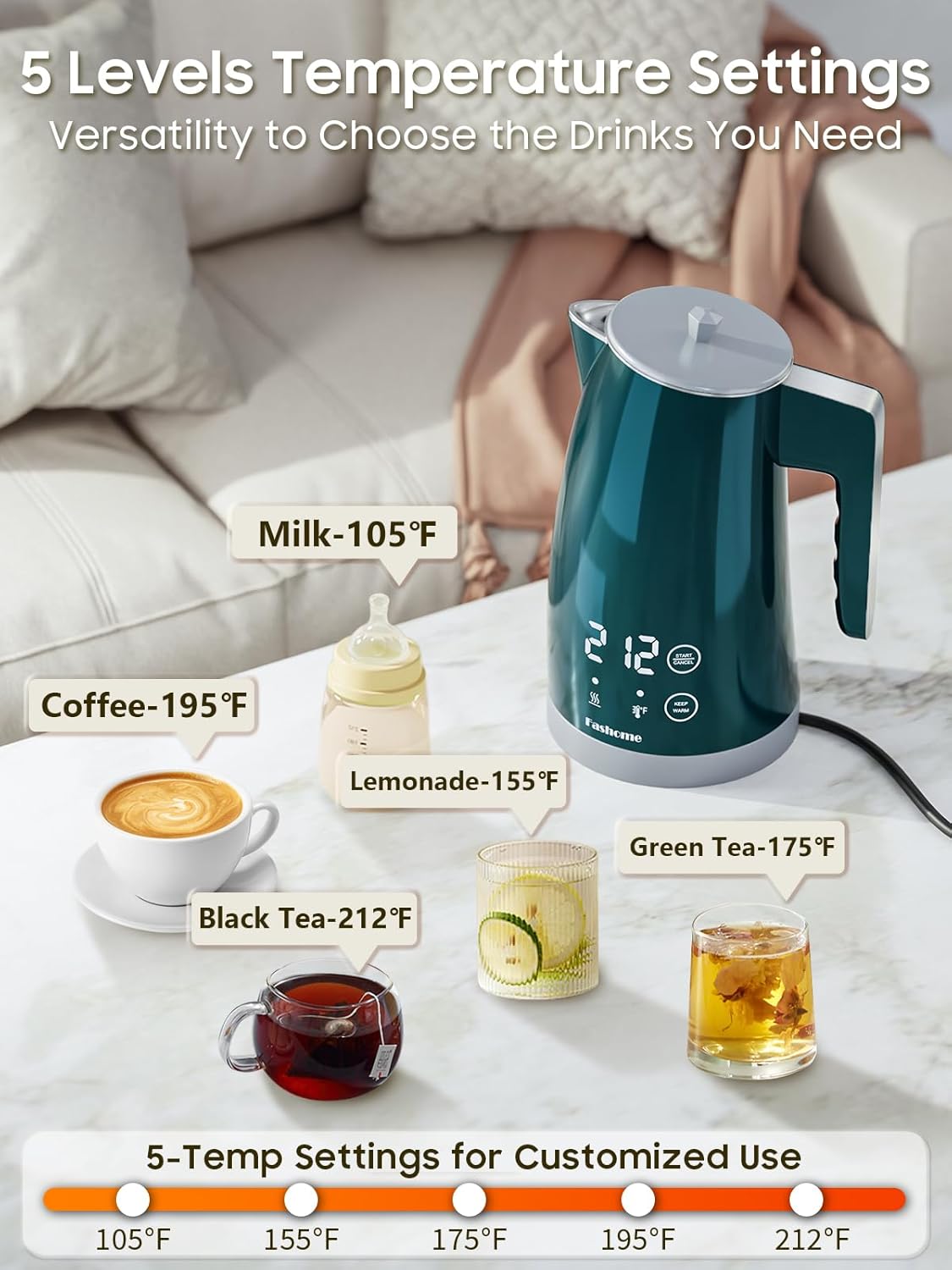 Temperature Control Electric Kettle, 5 Temp Presets, 2H Keep Warm,1.25L 1200W Fast Boil with LED Display, Cool-Touch Design with Auto Shut-Off, Cordless Design, Ideal for Tea and Coffee(Green）