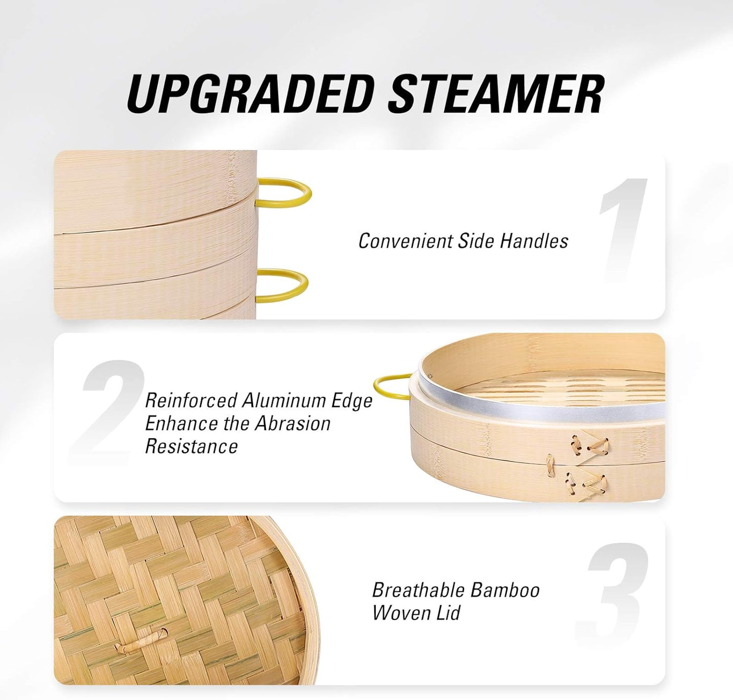 MacaRio Bamboo Steamer Basket Set 10 inch Steamer for Cooking, with Side Handles, Ring Adapter, Paper Liners, for Dim Sum Dumplings Buns Seafoods Vegetables Rice Asian Foods