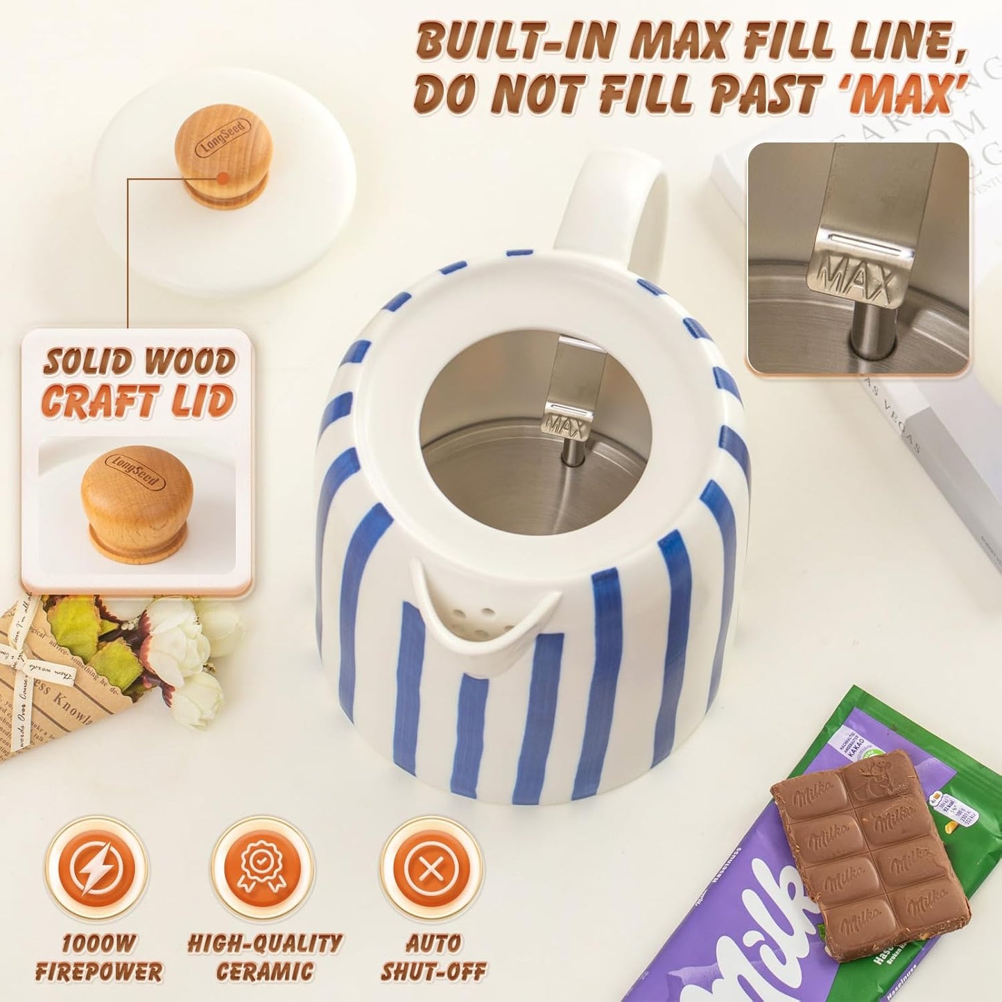 1.0-Liter Ceramic Electric Kettle, 1000W Rapid Boil, Tea Kettles Pot & Hot Water Boiler For Coffee & Tea, Teapot Auto Shut-Off, Boil-Dry Protection