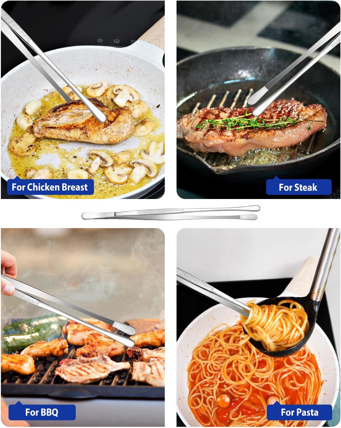 2 Pcs 10-Inch Kitchen Tweezers Fine Tweezer Tongs, Stainless Steel Professional Long Cooking Tweezers for BBQ, Sea Food, Repairing and Serving (SILVER)