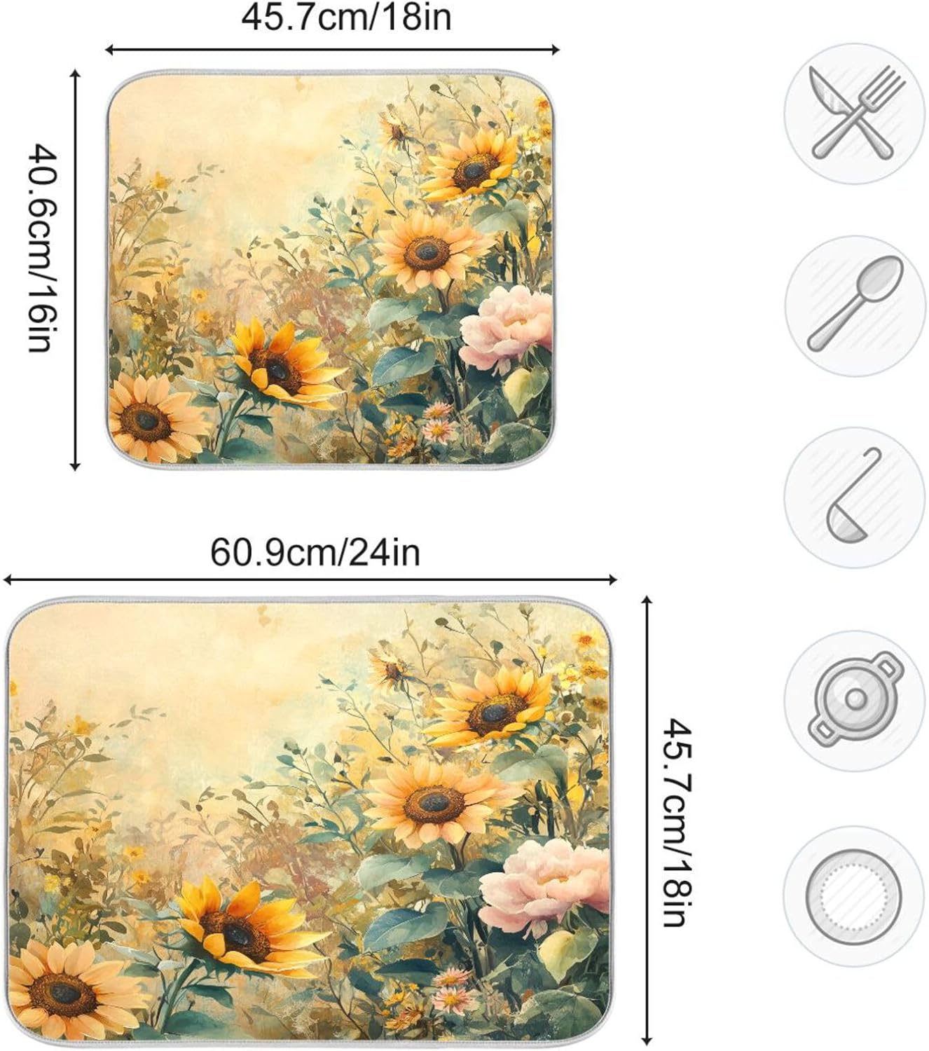 Vintage Floral Sunflowers Dish Drying Mat for Kitchen Counter Super Absorbent Dishes Pad Reversible Microfiber Protector Dish Draining Mats 16x18 inch
