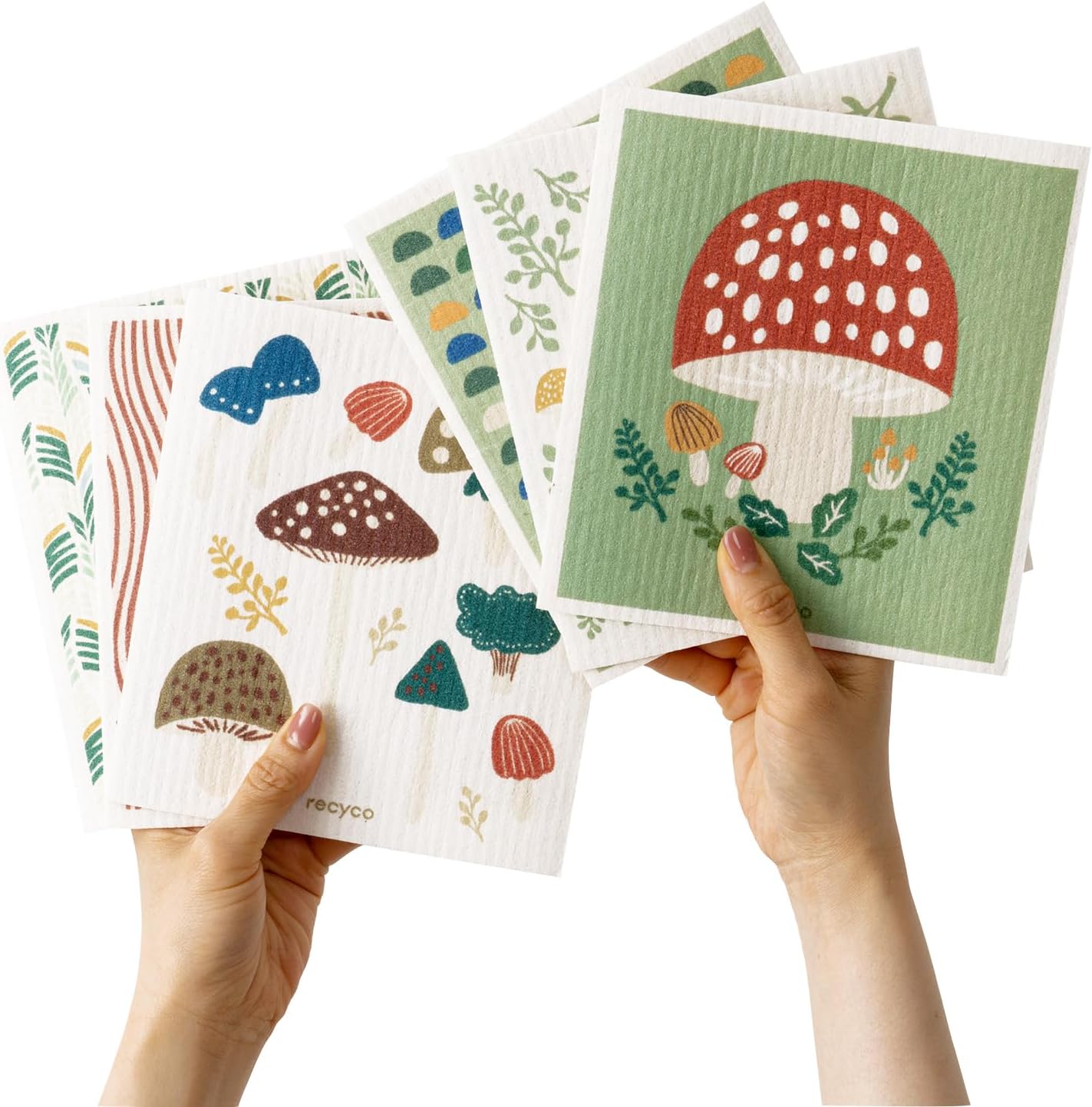 RECYCO Swedish Dishcloths for Kitchen | 6 Packs Forest Mushroom Washable Dish Rags | Cellulose Reusable Cleaning Paper Towels | Absorbent Counter Dish Cloth Sponge Kitchen Wipes, 8" L x 7" W