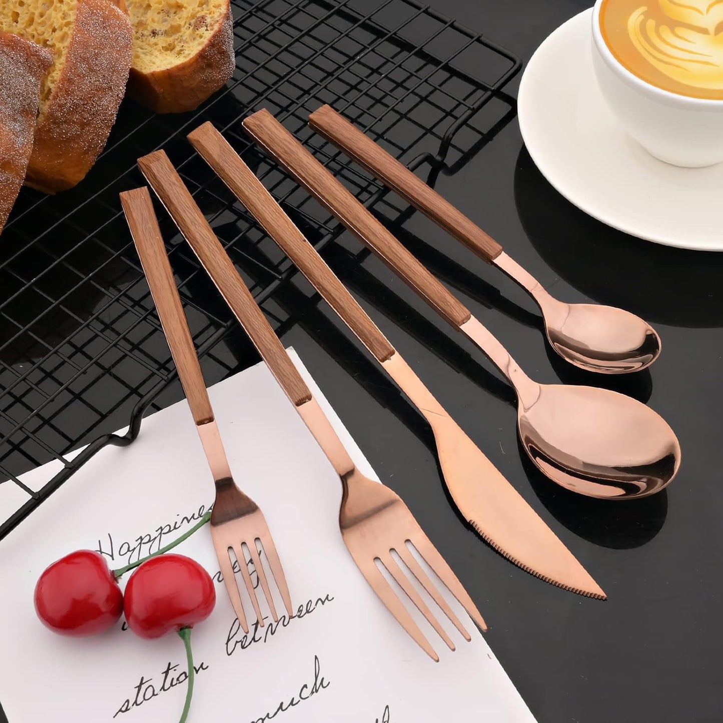 JASHII Wood Handle Flatware Set, 20 Pieces Stainless Steel Silverware Cutlery Set, Mirror Polished, Square Knife Fork Spoon Set, Dishwasher Safe - Korean Style Rose Gold