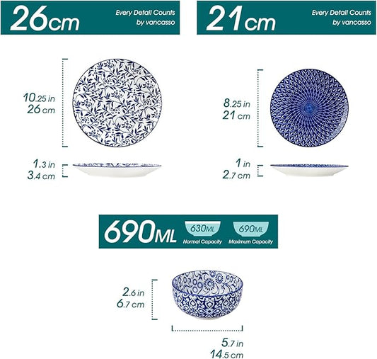 vancasso SELENE Plates and Bowls Set for 6, 18 Pieces Dinnerware Sets, Mircowave and Dishwasher Safe Dishes Set, Porcelain Blue Dinnerware