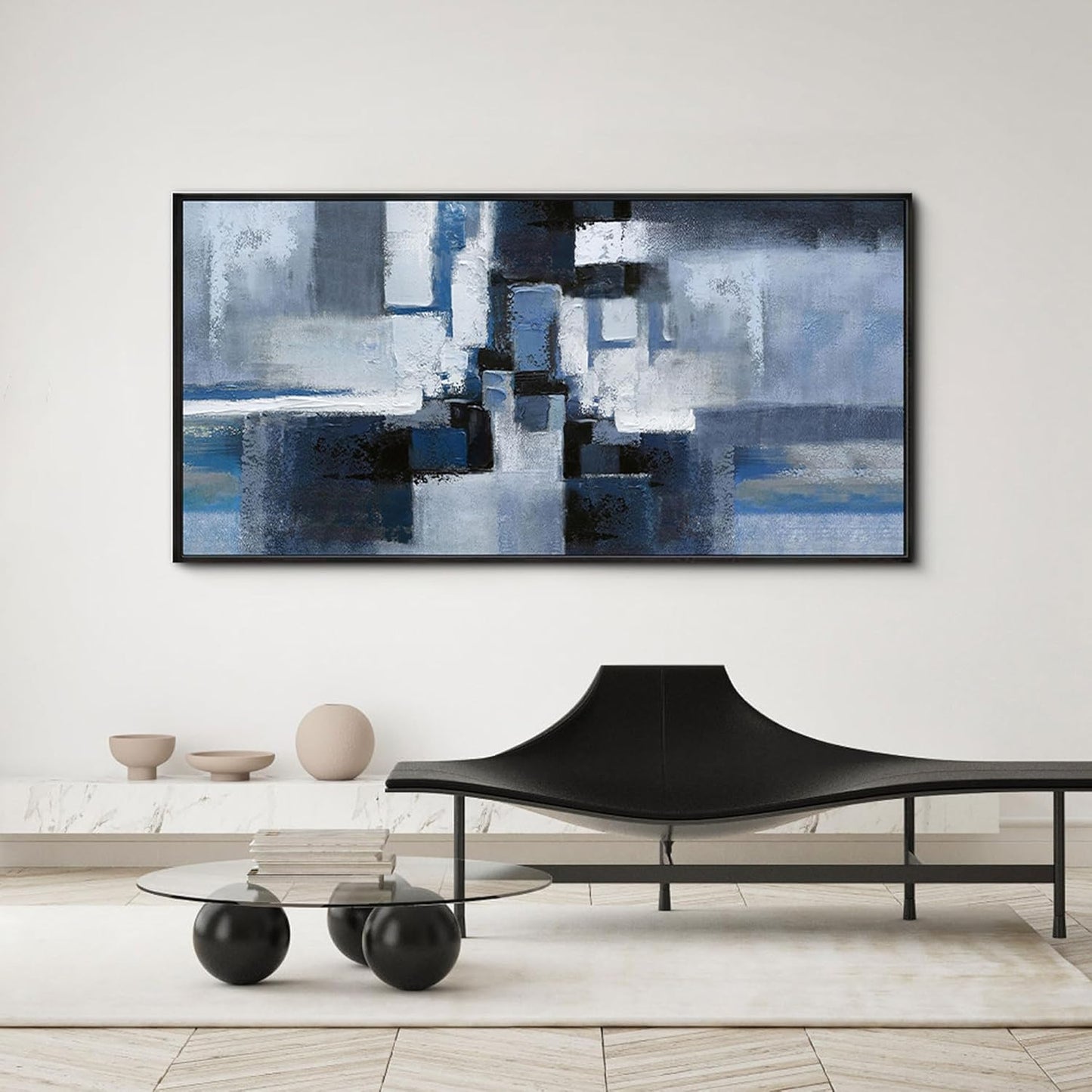 KLAKLA Large Abstracr Wall Art - Blue and Black Canvas Picture for Living Room Office Wall Decor Bedroom Art Framed Artwork Modern Wall Decoration 48x24 Inches