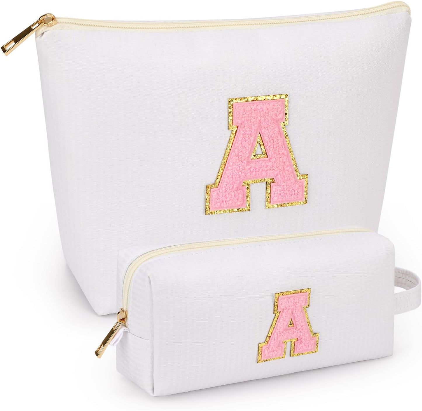 2 PCS Initial Makeup Bags for Women: Cosmetic Bag for Travel Toiletry - Birthday Gifts for 11 12 13 14 15 16 17 18 Years Old Girl Graduation Teacher Gift- Teen Girl Gifts Trendy Stuff - White A