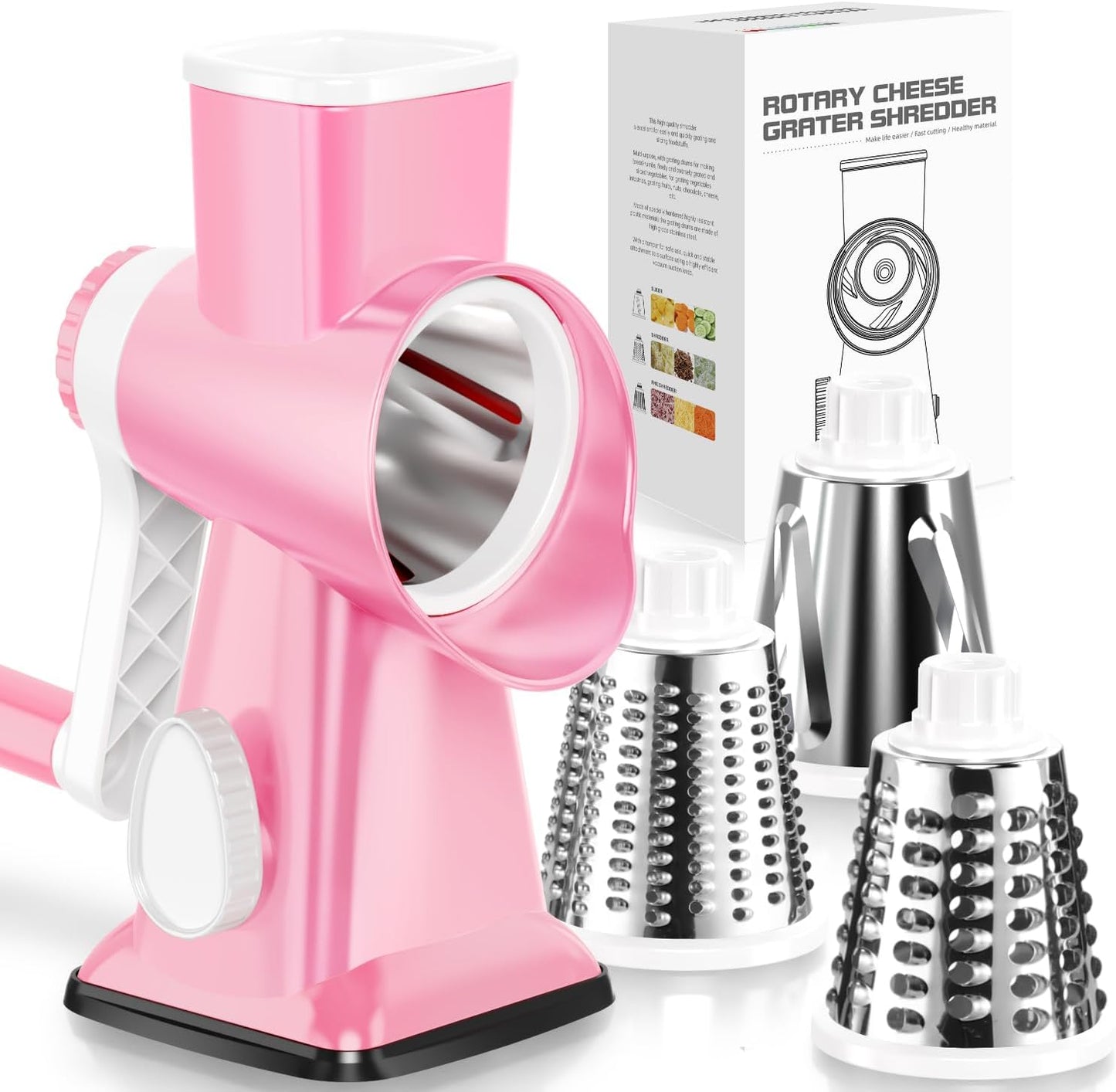 KEOUKE Rotary Cheese Grater Hand Crank Pink - Shredder Slicer Grinder 3 Stainless Steel Blades, Stable Suction, Labor-Saving Handle, Safe Kitchen Tool for Cheese, Vegetable, Nuts, Chocolate