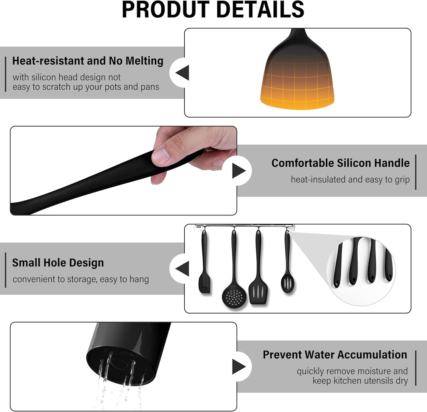 HaWare 11 PCS Silicone Cooking Utensils Set, Heat Resistant Kitchen Utensils with Holder, Food-grade Spatula Sets for Nonstick Cookware, Kitchen Tools Gadgets Include Fish Turner, Spoon (Black)