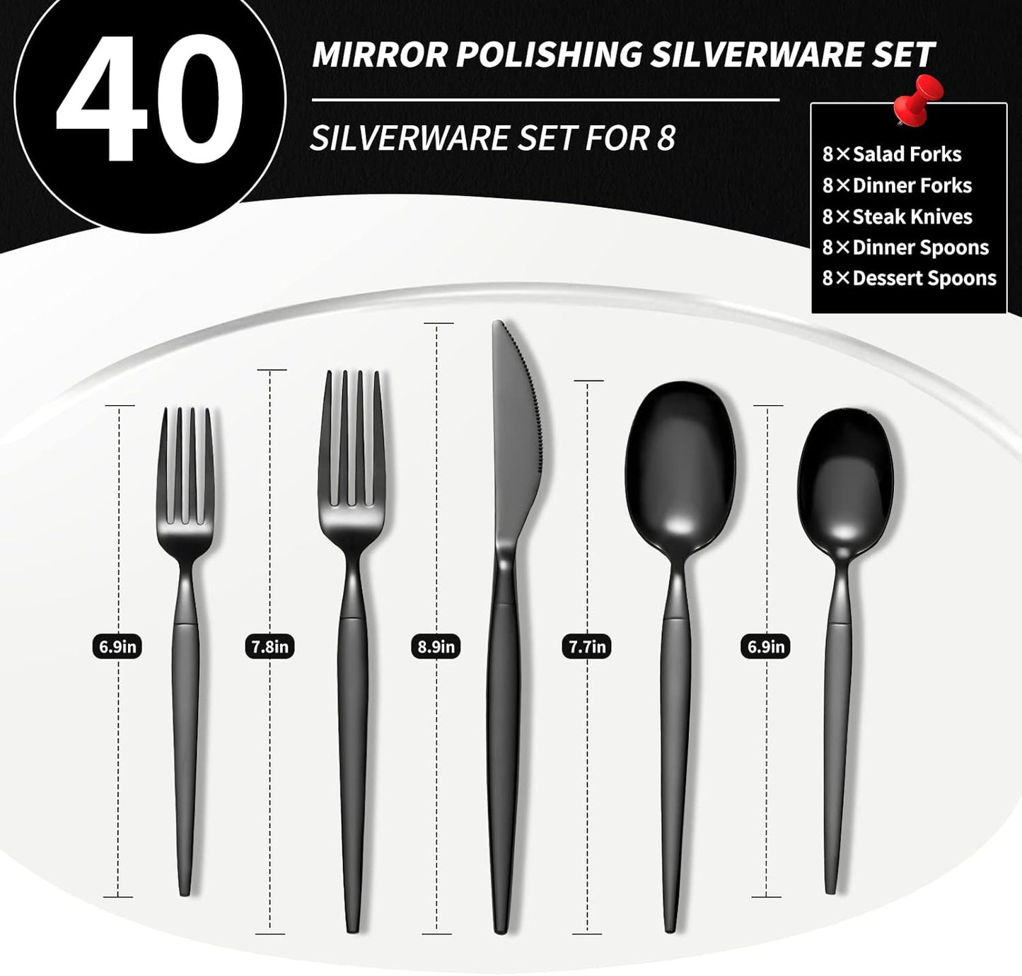 40-piece Black Silverware Set, Unique Design Stainless Steel Flatware Set, Cutlery Set Spoons And Forks Knives Set, Tableware Set Service For 8, Dishwasher Safe