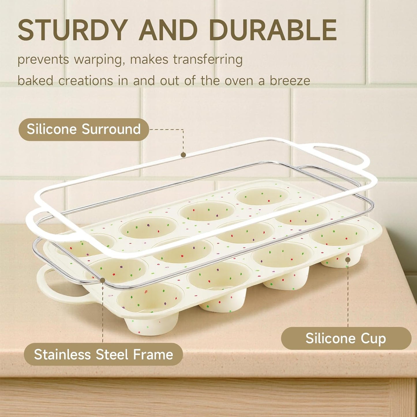 Silicone Muffin Pan for Baking with Metal Frame, Nonstick, 12 Cups Silicone Cupcake Pan, Muffin Tray, Muffin Molds for Baking Muffins, Cupcakes, Egg Bites (Cream, 1Pcs)