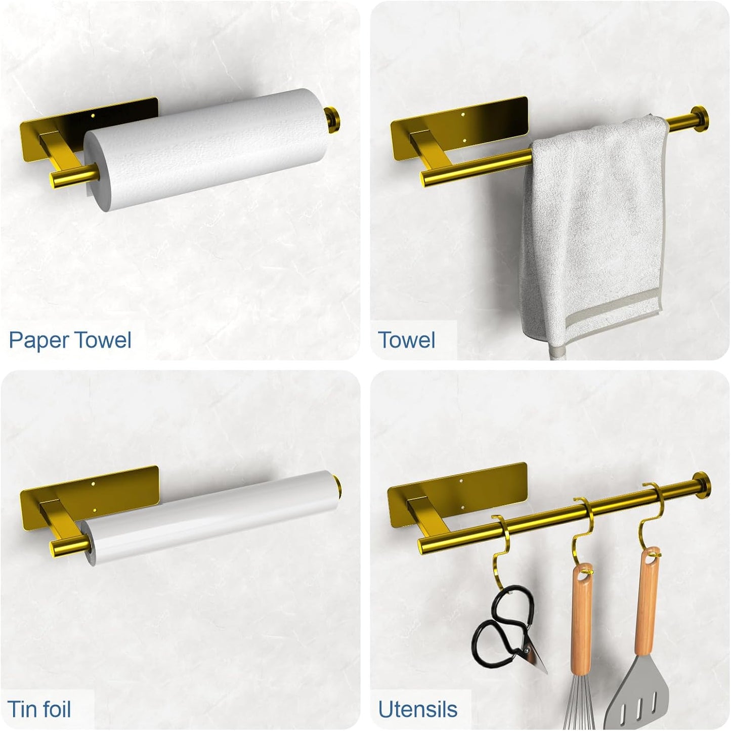 Paper Towel Holder Under Cabinet, Upgraded Adhesive Paper Towel Holder Wall Mount for Kitchen, Bathroom, RV, Bend-Resistant, Self-Adhesive or Drill mounting, Stainless Steel, Gold