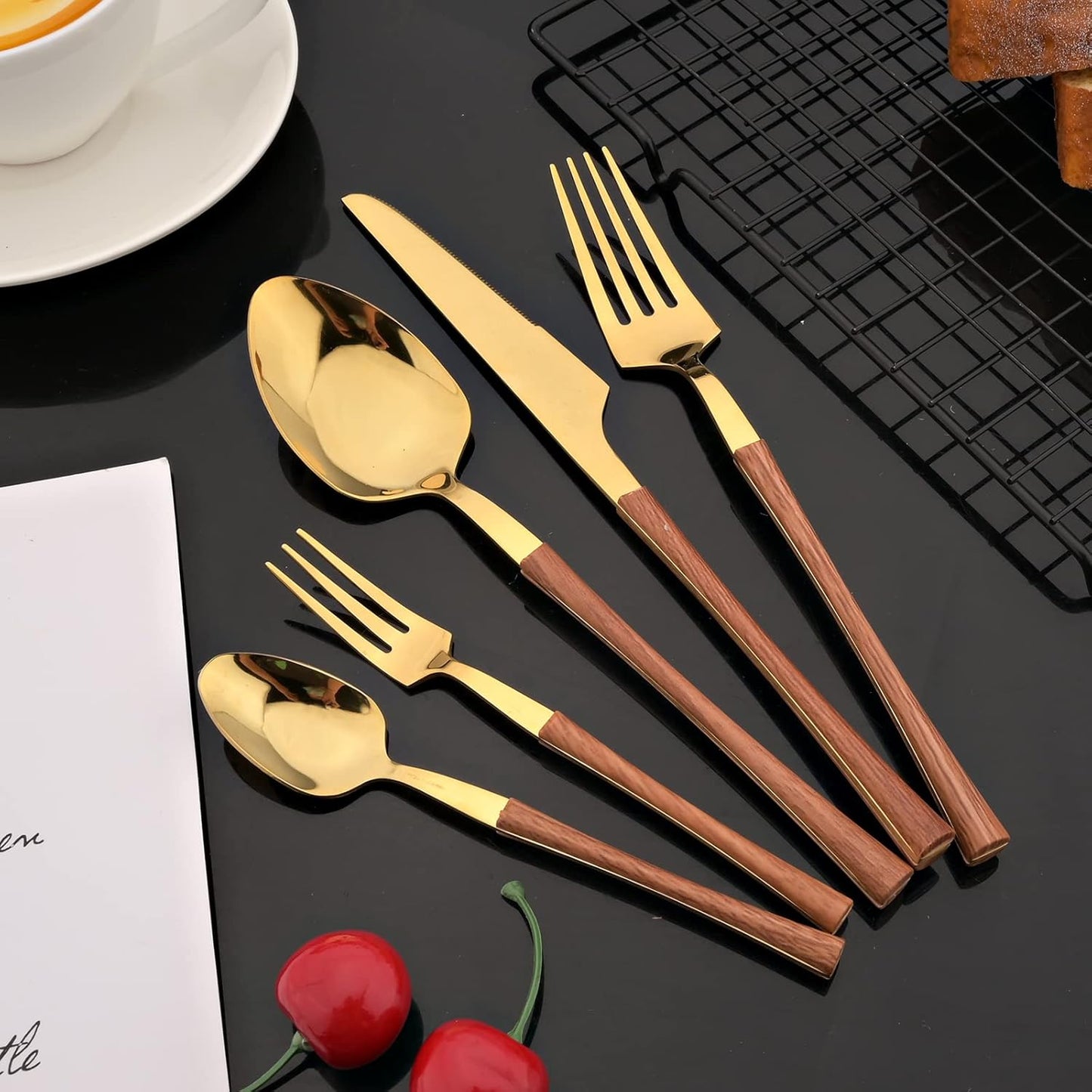 JASHII Wood Handle Flatware Set, 20 Pieces Stainless Steel Silverware Cutlery Set, Mirror Polished, Knife Fork Spoon Set, Dishwasher Safe - Small Waist Gold