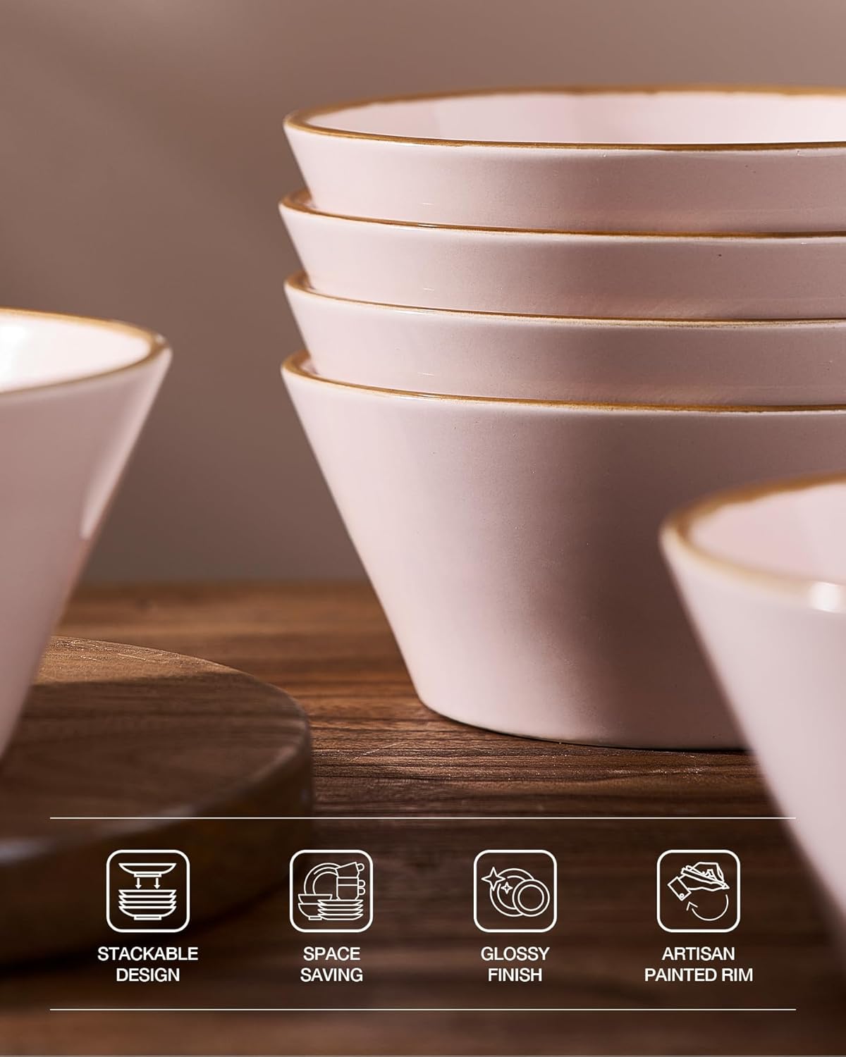 Famiware Saturn Dinnerware Sets, Plates and Bowls Sets for 4, 12 Pieces Stoneware Dish Set - Chip and Scratch Resistant, Microwave and Dishwasher Safe Tableware Set, Light Pink with Rim