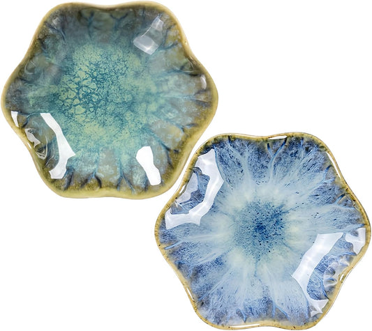 2Pcs Ceramic Jewelry Dish - Lotus Leaf Shape, for Ring Holder Necklace Small Key, Suitable for Mother Friend Sister, Gifts for Women, Cute Plate Trinket Tray, Home Decor (Crystal Green & Light Blue)