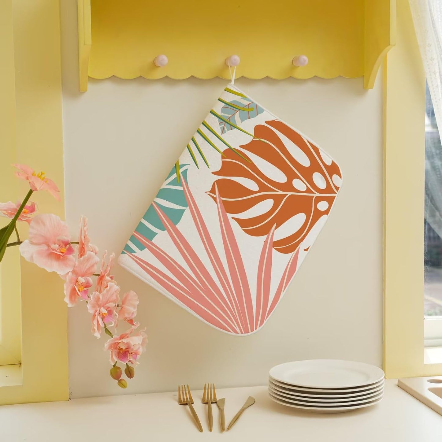 Summer Palm Leaf Dish Drying Mat 18 x 24 inch, Green Coral Tropical Leaf Decorative Drying Mats Microfiber Absorbent Dish Washable Draining Mat for Kitchen Counter Decor