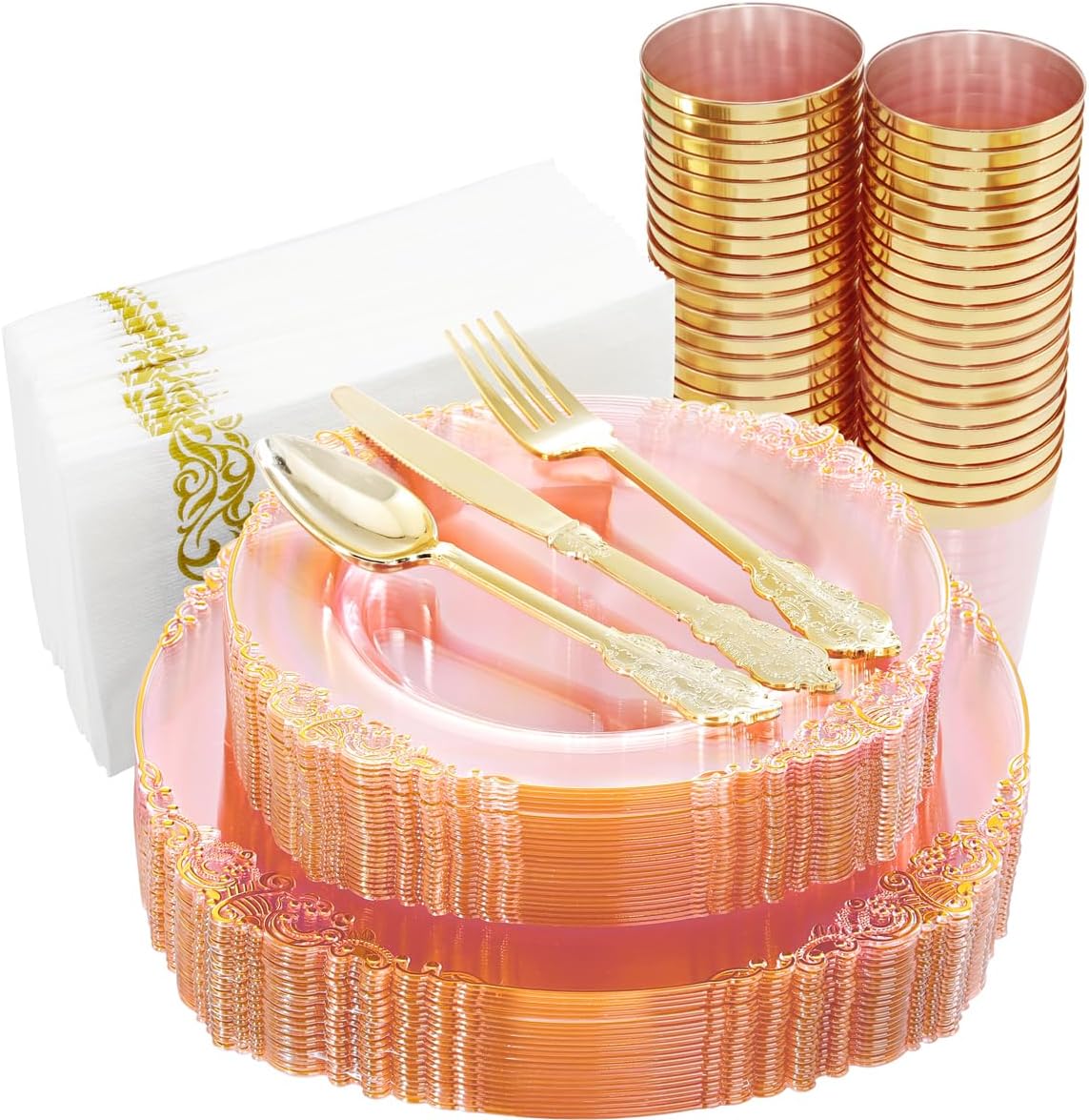 Hioasis 175pcs Clear Pink Plastic Plates - Elegant Disposable Dinnerware Set Suitable for 25 Guests Include 10.25" Dinner & 7.5" Dessert Plates, Cutlery, Napkins, Cups for Party & Wedding