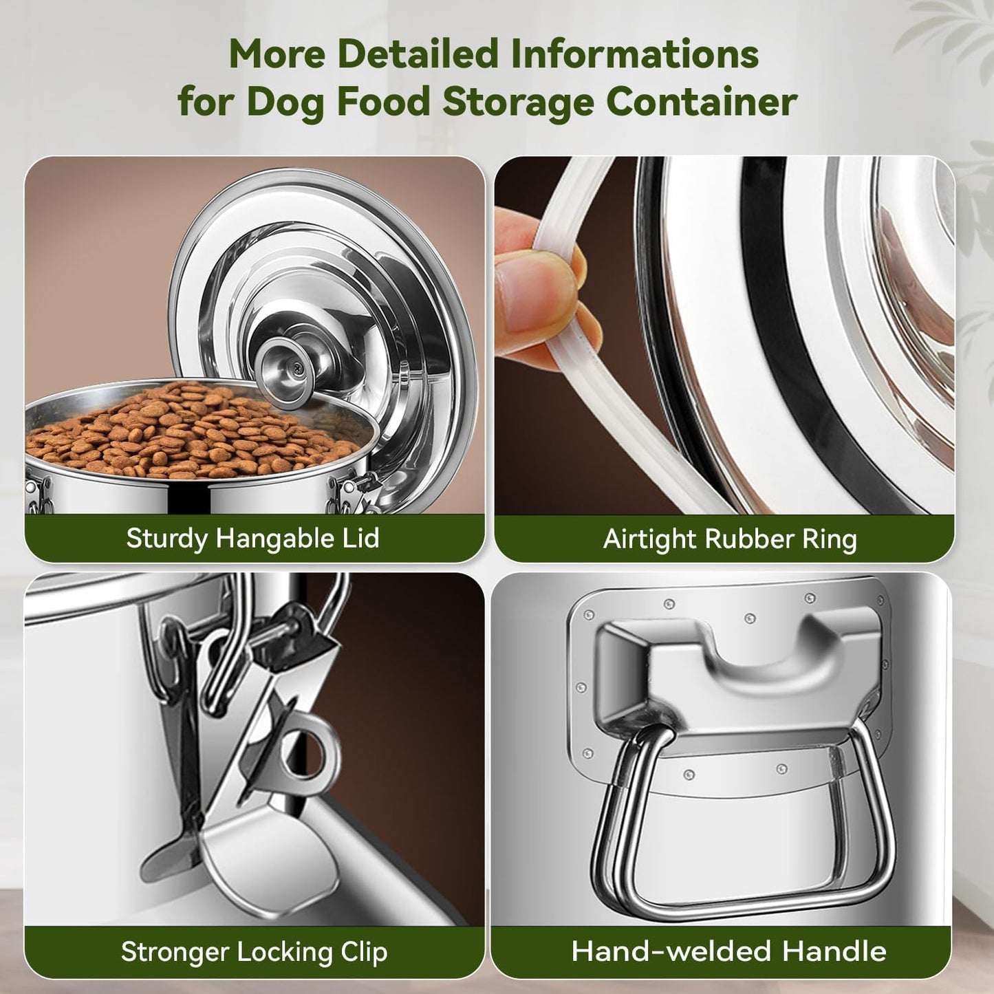 16lb Stainless Steel Dog Food Storage Container, Metal Pet Storage Container with Airtight Hangable Lid to Keep Food Fresh, Large Cat Food Storage Container with Scoop to Easily Clean