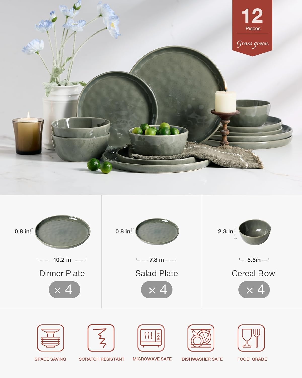 Famiware Mars Plates and Bowls Set, 12 Pieces Dinnerware Sets, Dishes Set for 4, Sage Green