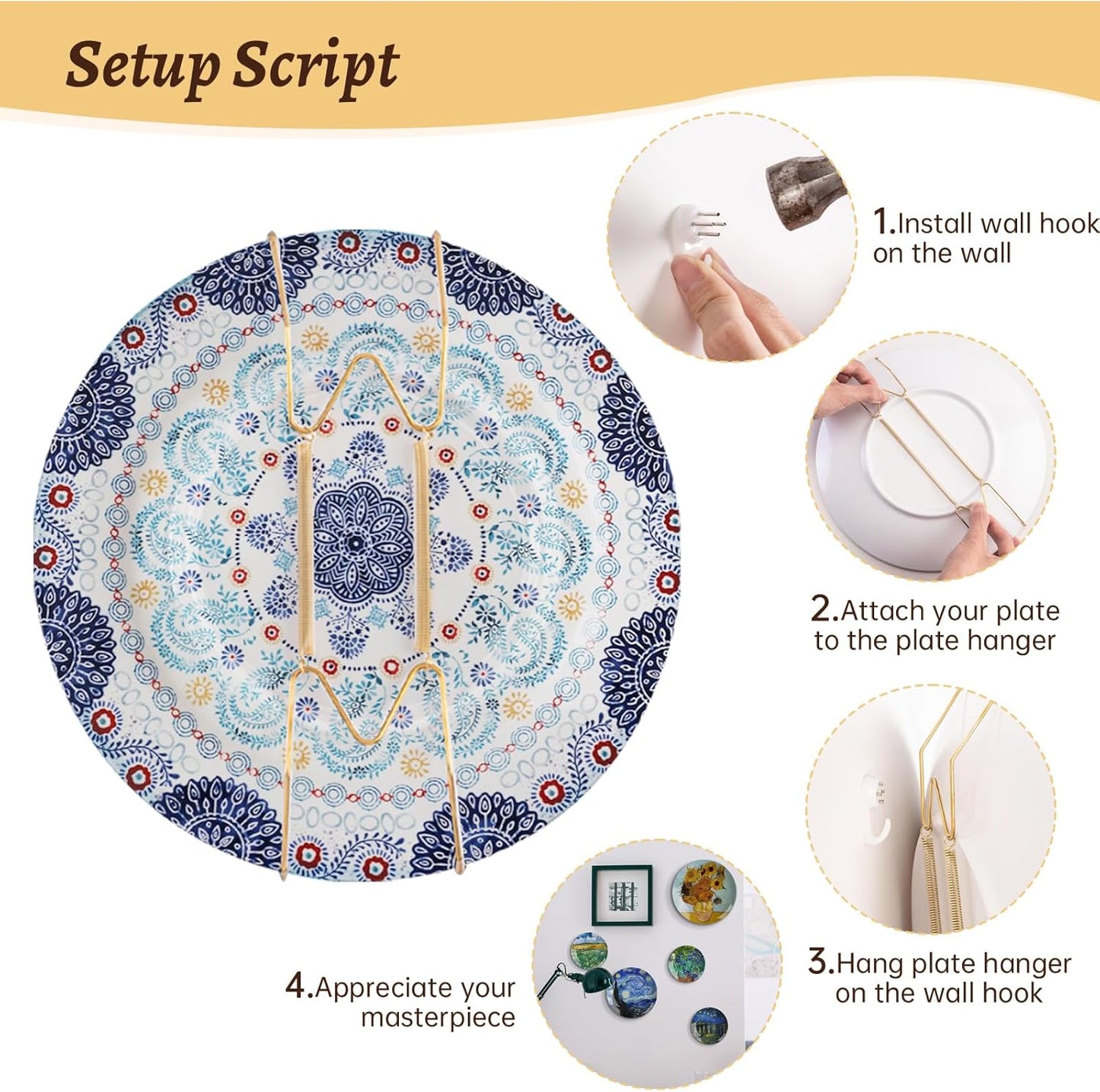 3 Pack Plate Hangers for The Wall Suitable for 4-5 inch Small Decorative Plate, Invisible Stainless Steel Plate Hangers for Display with Wall Hooks, for Plates/Platter/Dish/Picture(Gold)