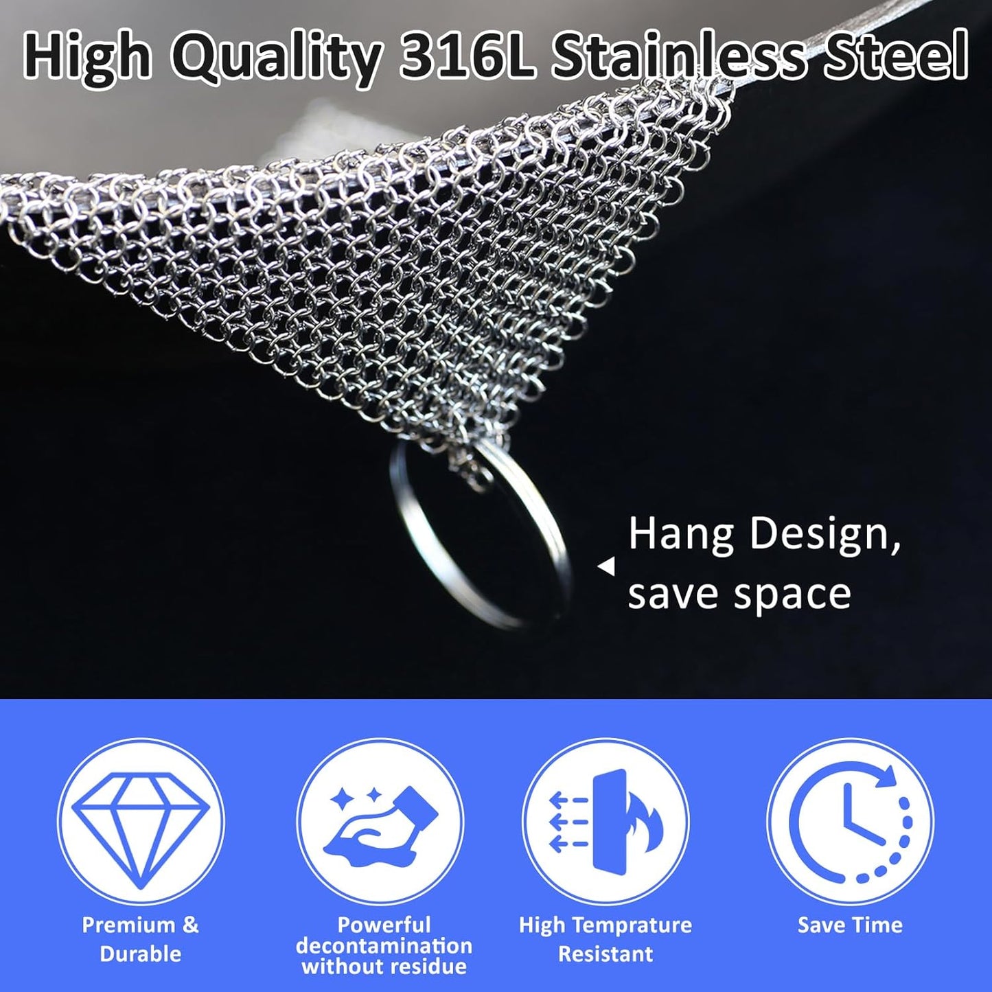 316L Stainless Steel Cast Iron Cleaner, Chainmail Scrubber,Kitchen Tool,Chain Mail Scrubber Cast Iron,for Hard Anodized Cookware, Pre-Seasoned Pans etc (18CM*18CM)