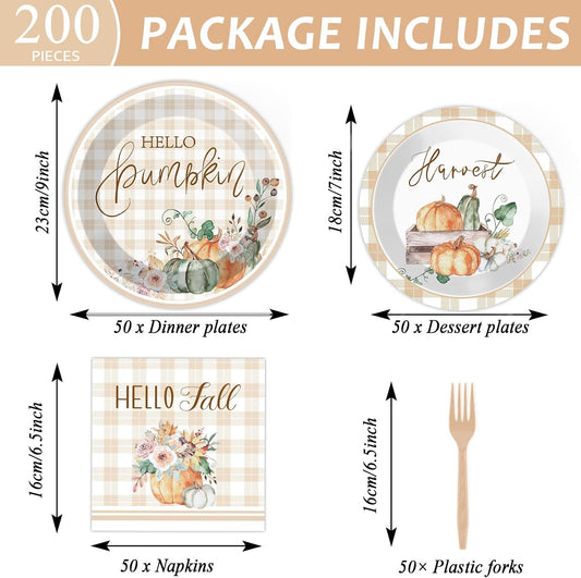 200 PCS Thanksgiving Tableware Disposable Watercolor Fall Pumpkins Party Supplies Buffalo Plaid napkin, Fall Dinnerware Set Happy Autumn Disposable Plates, Thanksgiving Party Decoration Serve 50 guest
