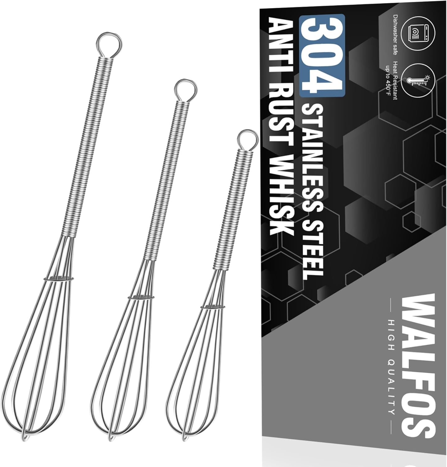 Walfos Mini Whisk,304 Anti-Rust Small whisk,Sturdy Stainless Steel Wire Tiny Whisks 6+7+8in,Ideal for mixing individual eggs, jams, spices and other small portion ingredients.(3pcs）