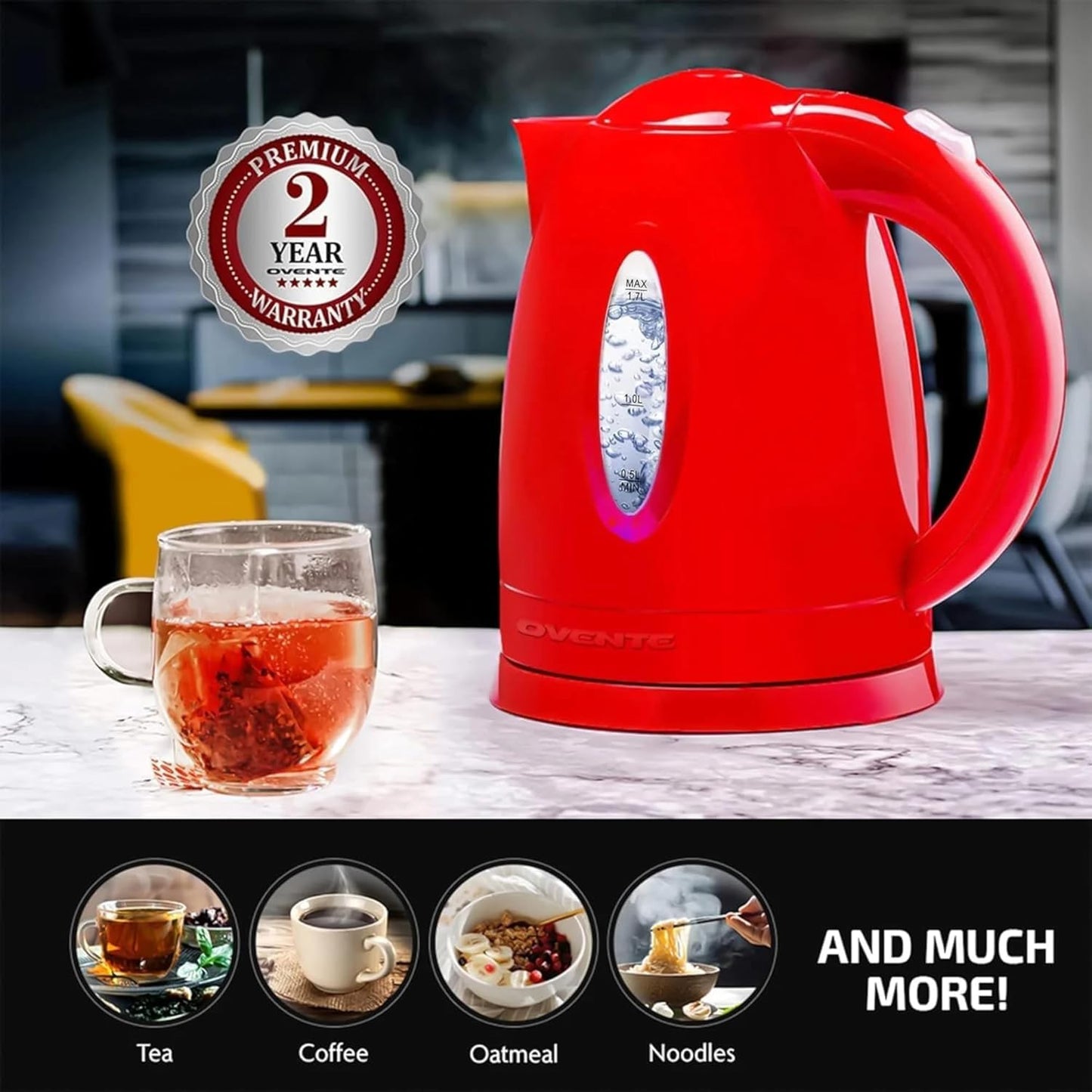 OVENTE Electric Kettle, 1.7L Fast Boiling Water Heater for Coffee or Tea, BPA Free with Water Level Gauge, Auto Shut-Off, Boil-Dry Protection, Indicator Light and Removable Filter, Red KP72R