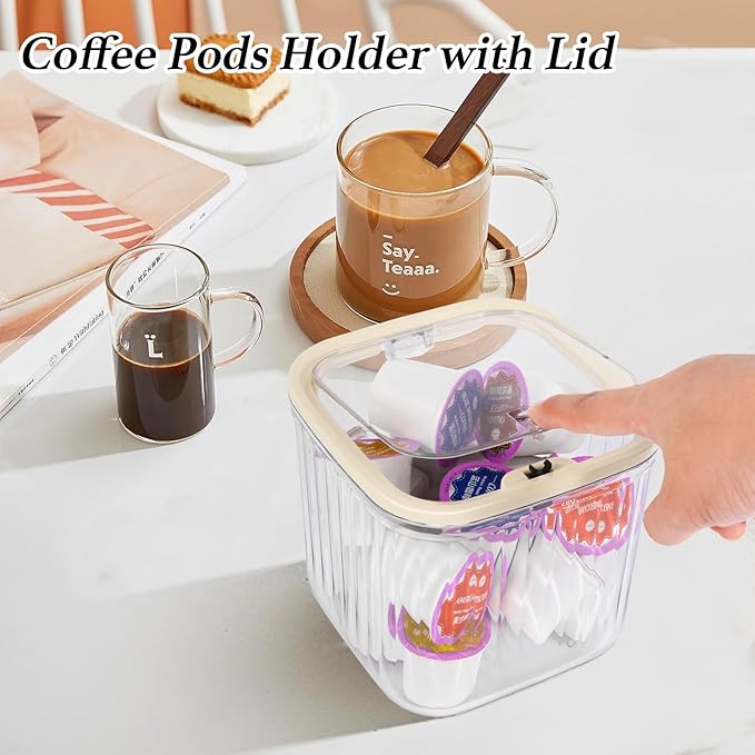 Clear Coffee Pod Holder with Lid, Coffee Pods Storage for Counter, Small Food Storage Organizer Bins, Clear Plastic Bins for Pantry, Kitchen, Cabinet Organization and Storage