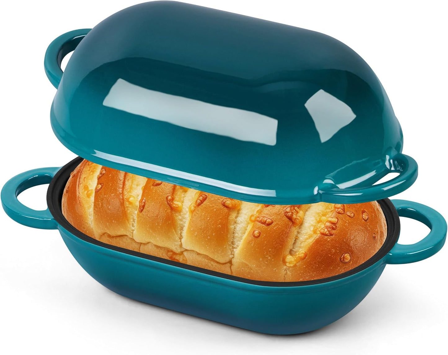 Homikit Enameled Cast Iron Dutch Oven for Bread Baking, 2.8 QT Oval Bread Oven Pot with Lid, Sourdough Loaf Iron Dutch Oven Pan for Roasting Cooking, Dark Green & Heavy Duty