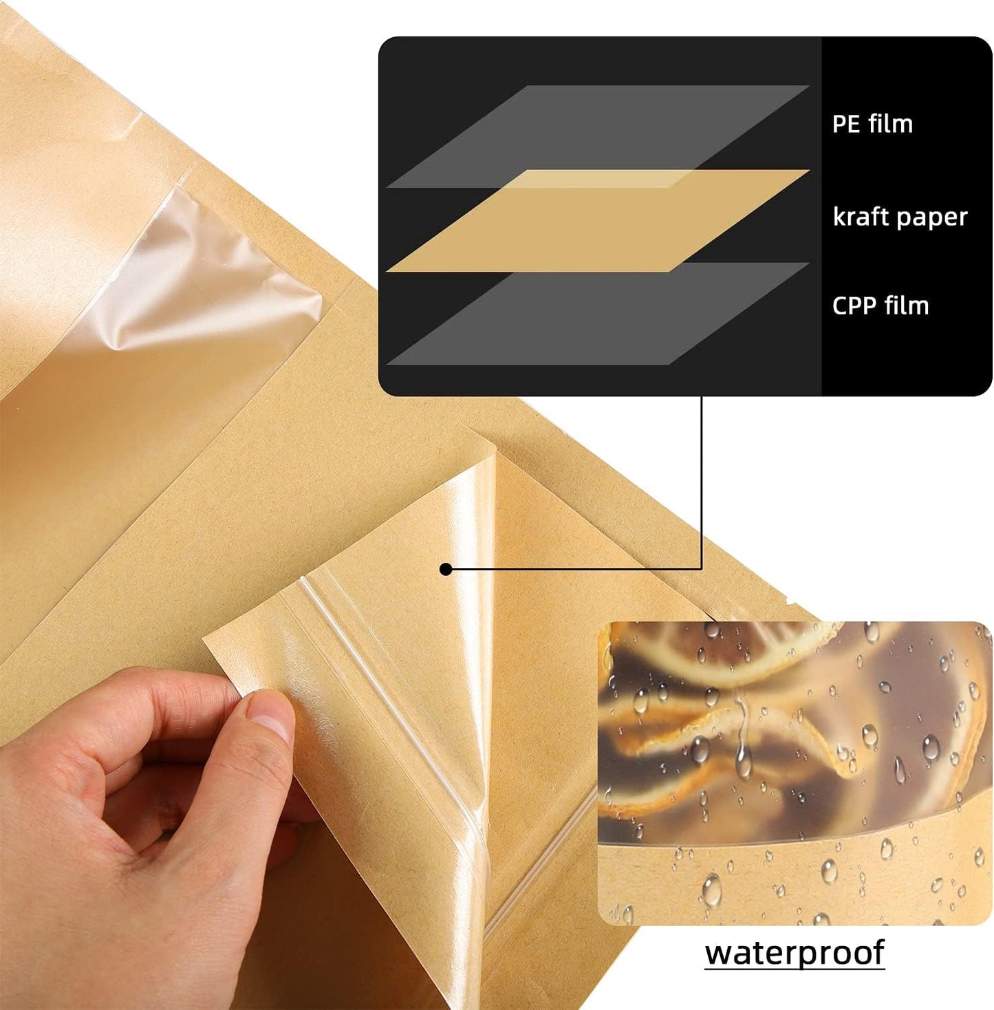 100 Pcs Kraft Stand Up Pouches 5.5 x 7.9 Inch Resealable Zip Lock Food Storage Bags with Matte Window for Packaging