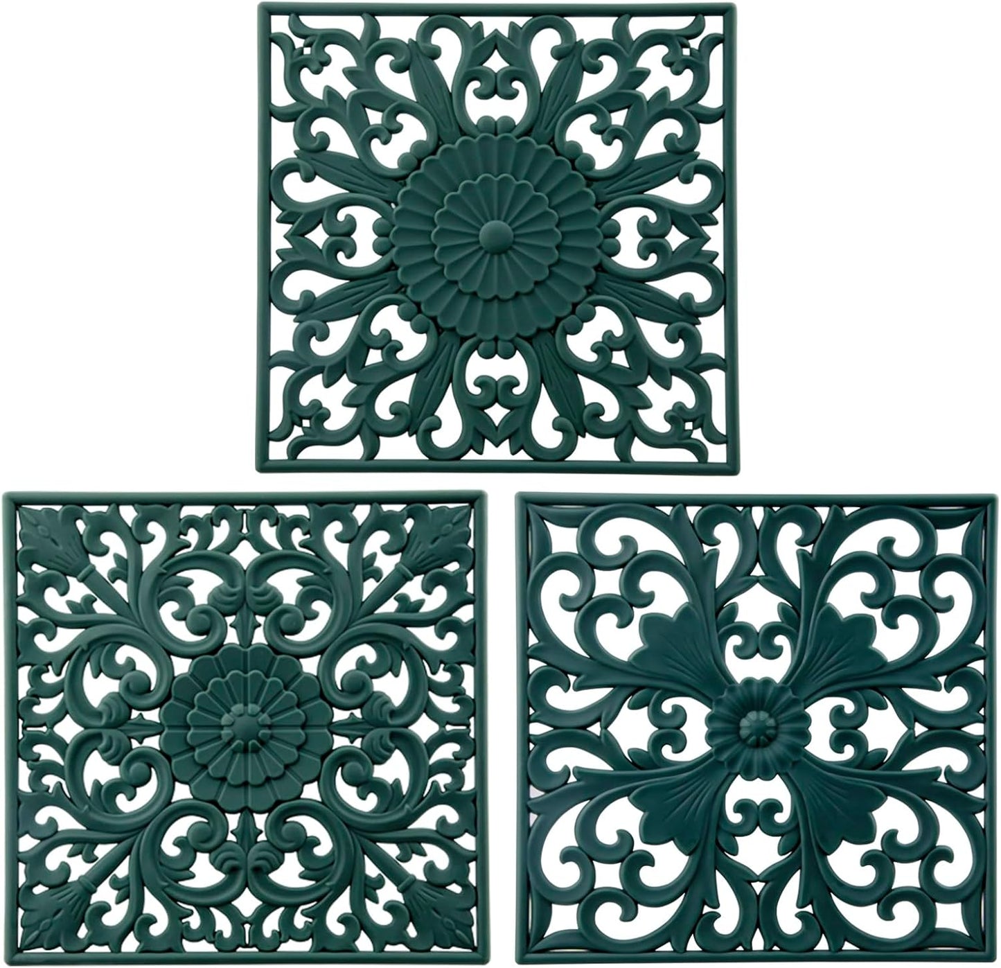 Silicone Trivets for Hot Dishes-Pots&Pans, Square Multi-Use Carved Trivet Mat, Insulated Silicone Mats, Flexible Trivet Mat for Countertop & Tabletop, Pot Holders Hot Pads Set 3 Green