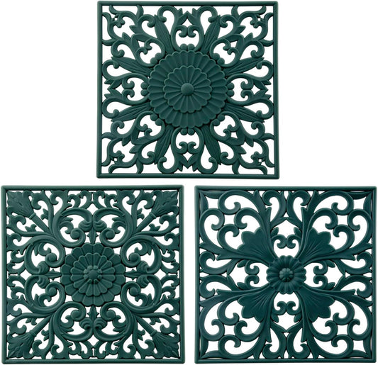 Silicone Trivets for Hot Dishes-Pots&Pans, Square Multi-Use Carved Trivet Mat, Insulated Silicone Mats, Flexible Trivet Mat for Countertop & Tabletop, Pot Holders Hot Pads Set 3 Green