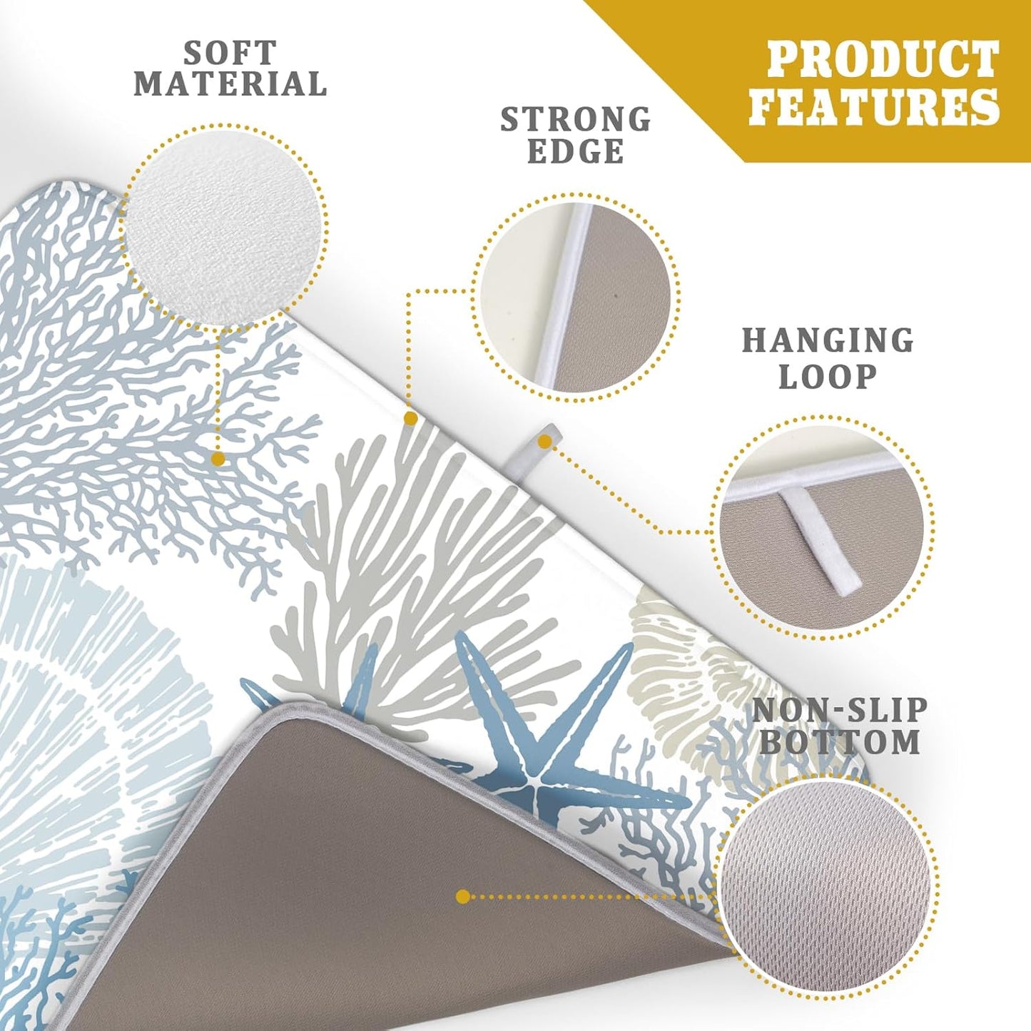 Coastal Dish Drying Mats for Kitchen Counter Large Drying Mat for Dishes Microfiber Sea Star Coral Nautical Dish Rack Mat Summer Drainer Pad Washable Foldable Ultra Absorbent Dry Mat 18×24 Inch