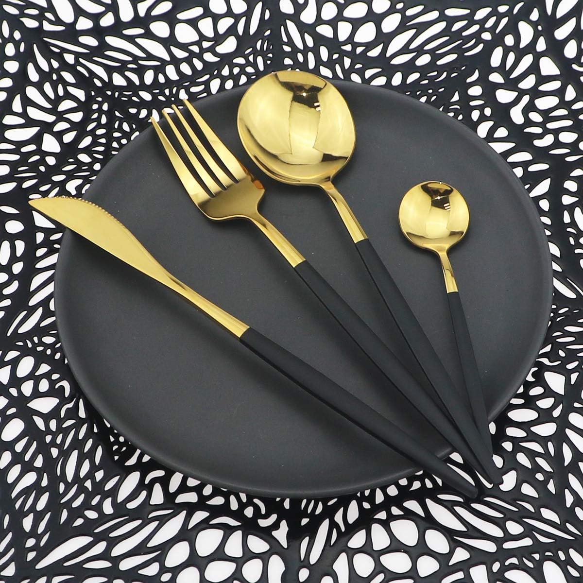 Shiny Silverware Sets, 24-Piece Elegant Cute Black Handle Gold Cutlery set,304 Stainless Steel Silverware Set for Eating Home Kitchen Hotel Restaurant, Sets for 6 People, Dishwasher Safe