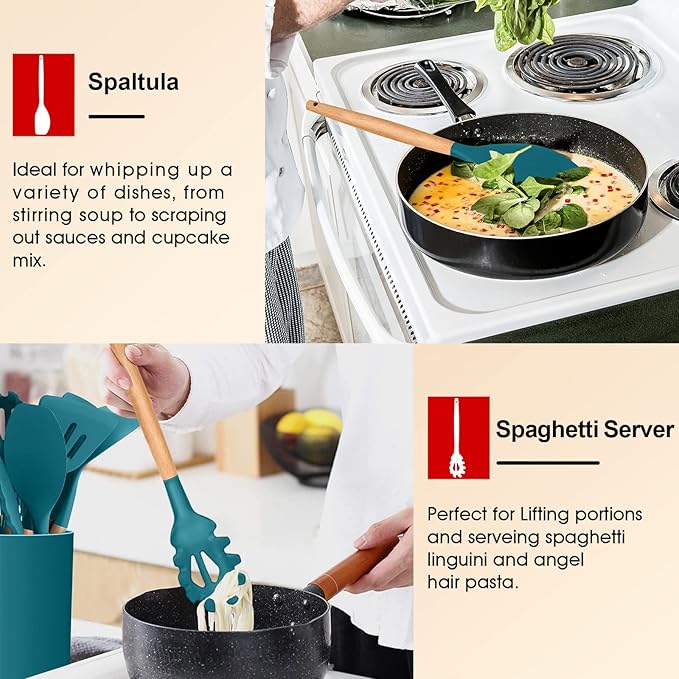 Kitchen Utensils Set of 6, E-far Silicone Cooking Utensils with Wooden Handle, Non-stick Cookware Friendly, Includes Spatula/Ladle/Slotted Turner/Serving Spoon/Spaghetti Server(Teal Blue)
